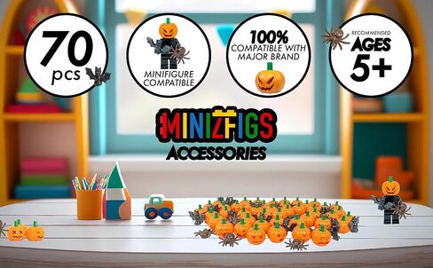 Halloween Spooky Pumpkin Set - 70 Piece Bulk Orange Jack-O-Lantern Pumpkins, Bats, Spiders Classic Building Toy Accessories for Lego Minifigures | Compatible with Most Major Brands in Saudi Arabia