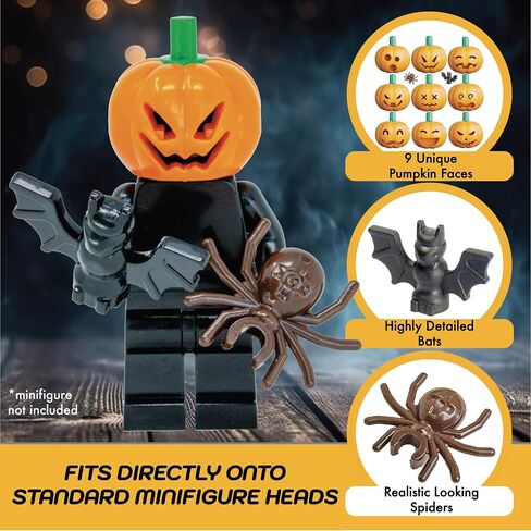 Halloween Spooky Pumpkin Set - 70 Piece Bulk Orange Jack-O-Lantern Pumpkins, Bats, Spiders Classic Building Toy Accessories for Lego Minifigures | Compatible with Most Major Brands in Saudi Arabia