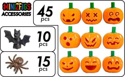 Halloween Spooky Pumpkin Set - 70 Piece Bulk Orange Jack-O-Lantern Pumpkins, Bats, Spiders Classic Building Toy Accessories for Lego Minifigures | Compatible with Most Major Brands in Saudi Arabia