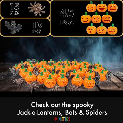 Halloween Spooky Pumpkin Set - 70 Piece Bulk Orange Jack-O-Lantern Pumpkins, Bats, Spiders Classic Building Toy Accessories for Lego Minifigures | Compatible with Most Major Brands in Saudi Arabia