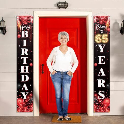 Happy 65th Birthday Porch Sign Door Banner Decor Red and Black – Glitter Cheers to 65 Years Old Birthday Party Theme Decorations for Men Women Supplies in Saudi Arabia