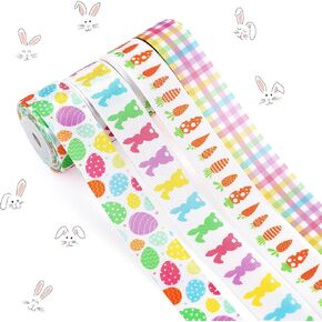 4 Rolls Easter Ribbon, Lovely Easter Day Eggs/Bunny/Carrot/Plaid Grosgrain Ribbon Colorful Basket Decoration DIY Crafts Gifts Wrapping Wreath Making, 7 Yards x 1 Inch Per Roll, Total 84 Feets