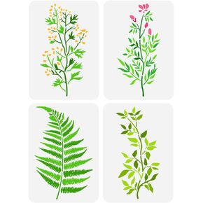 Fingerinspire 4 pcs يترك الزهور stencil 8.3x11.7 بوصة شروط سرخس الستنسل البلاستيك مشمس الذهبي الذهبي الزهرية النمط الاستنسل نبات الأزهار البرية الاستنسل القابلة لإعادة الاستخدام لديكور الجدار المنزلي للمنزل