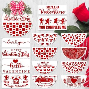 Stencys Valentines للطلاء على الخشب - 14 PCS Ergen Resulable Holday Painting Stencils لتزيين الشرفة ، Hello Valentine Love Drawing Templates for Door Hanging Wall Decoration