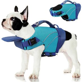 Queenmore Small Dog Jackt مع خطوط عاكسة ، سترة نجاة قابلة للتعديل للكلاب الصغيرة ، جرو سترة ستر عالي ، سترة النجاة الجرو مع تعويم الرقبة الأمامية (الأزرق ، S)