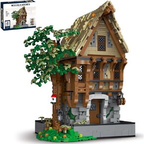 Dollox Medicing Architecture Blackysmith Building Build مع LED Light - 1991 PCS Building Building Toy ، Troughible Medieval Cabin Model Displick Decord Confres for Adult Kids