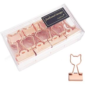 Binder Clips,Rose Gold Metal Clips with Cute Cat Shaped 3/4-Inch Small Binder Clips Office Supply for Cat Lovers (12Pcs)
