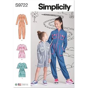 بذلة Simplicity للأطفال والبنات ، طقم نمط الخياطة الرومبير واللباس ، الكود S9722 ، الأحجام 3-4-5-6 ، متعدد الألوان