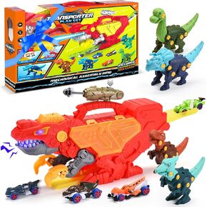 Top Race Trex Transporter - Dinosaur Truck Toy Car for Boys - Monster Dino Truck for Boys - Christmas and Birthday Gift Toys for Kids 3-5 - Dinosaur Storage Rail Car with 4 Cars and 4 Dinosaurs