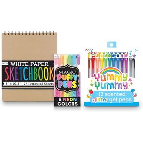 Magic Puffy Pens Neon Color Pens with 3D Ink (Set of 6) with Sketchbook & Scented Yummy Yummy Glitter Gel Pens (Set of 12) for Kids, Adults, Art Supplies and Stationery Supplies