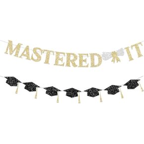 Glitter Congratulations Banner Mastered It Decorations Gold Glitter Graduation Class of 2025 Pre-Strung College Congrats Grad Party Decor with Tassel Pie
