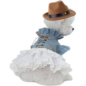 FLAdorepet Western Dog Cowgirl Denim Dress with Dog Hat,Pet Halloween Texas Cowboy Cowgirl Costumes Outfits for Small Dogs Girl Cat Apparels (Blue, S)