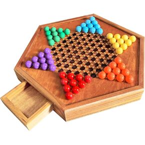 HOLYKING 12.6 Inchs Wooden Chinese Checkers with Drawer-Traditional Board Game with Set of 60 Colorful Acrylic Marbles, Classic Strategy Family Game for up to 6 Players