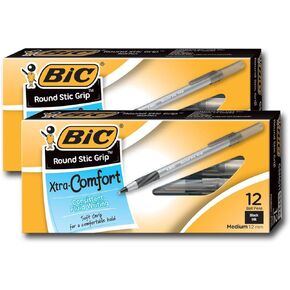 BIC Ultra Round Stic Grip Ball Poins ، Point Point ، 1.2 مم ، حبر أسود (24 أقلام)