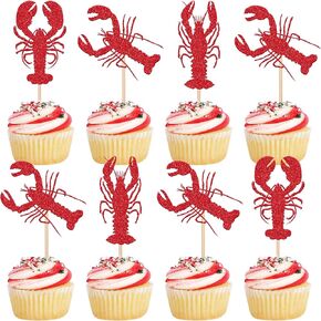 24 PCS Crawfish Cupcake Topcake Topcake Glitter Red Let's Get Cray Lobster Cupcake يختار زخارف كعكة الحزب الزحف لملاحظة جراد البحر الكرنفال