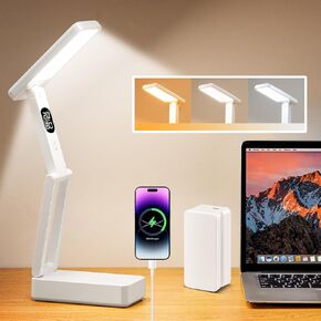 Small Desk Lamp,10000mAh Battery Operated Lamp,3 Colors+Dimmable Desk Light,LED Desk Lamp with USB Charging Port+Digital Clock+45min-Timer,Wireless & Portable Light,Desk Lamps for Home Office,Craft