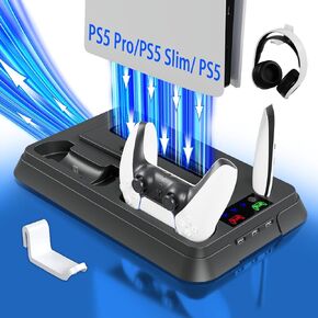 PS5 Cooling Station, PS5 Slim Stand with Controller Charging Station for PlayStation 5, PS5 Accessories Kits Black