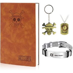 4 PCS Onepiece Luffy Notebook Set (Straw Hat Pirates Jolly Roger anime Bubbort Cute + Luffy Skull Necklace + Onepiece Stainless Steel Bracelet + Luffy Keychain