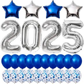 2025 Balloons Graduation Decorations, Graduation Party Supplies 2025, 40 Inch Silver 2025 Balloons with 4 Star Mylar Foil and 20 Latex Balloon, New Years Eve Party Supplies - Blue and White
