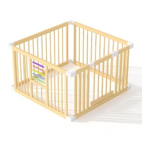 Baby Playpen with Gate, Wooden Playpen for Babies and Toddlers, Baby Play Yard with Colorful Acrylic Beads, Baby Fence Play Area with Suction Cups, Extra Large Play Pen Area Indoor(63 * 47 * 24Inch)