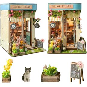 Spilay DIY Book Nook Kit Dollhouse DIY Miniature Wooden Furniture Kit ، Mini Mini Doll Doll House Model ، Bookends Model Kit with Dust Wover & LED for Teens and Compe Gifts （flor Poster on Spring lsle）