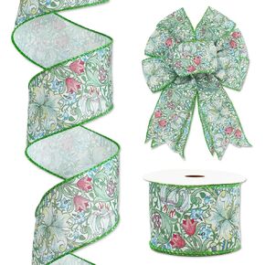 William Morris Spring Floral Wired Edge Ribbon 2.5 Inch Retro Flower Greenery Ribbon for Bow Wreath Craft Gift Wrap Party Home Decor