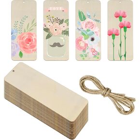 36 PCS Wood Wood Flagmlks Rectangle ، 6 × 2 بوصة مرجعية خشبية فارغة ، إشارة مرجعية خشبية غير مكتملة لرسومات الحرف الزفاف حفلات عيد ميلاد ديكورز مع ثقوب وحبال