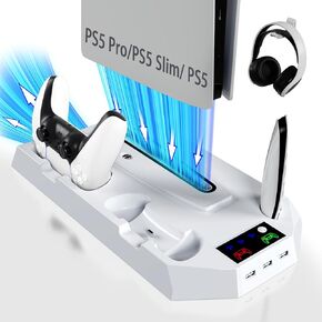 PS5 Cooling Station, PS5 Slim Stand and Turbo Fan with Controller Charging Station for PlayStation 5, PS5 Accessories Kits