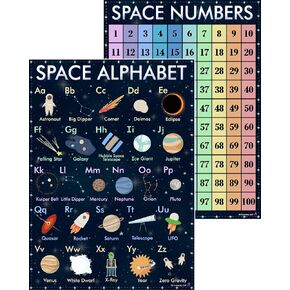 Space Alphabet and Numbers 1-100 Charts - Laminated 14x19.5 - Educational Posters, Classroom Poster and Decoration, Back to School Supplies, Learning Poster for Preschool, Kindergarten, Elementary, and Virtual Learning, Space Decor for Bedroom