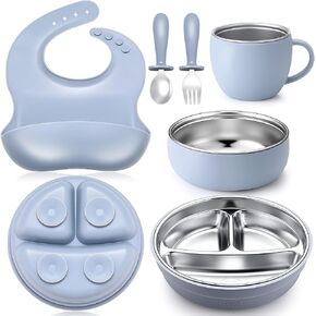 Nuogo 6 Pcs 304 Stainless Steel Kids Plates and Bowls Set Stainless Steel Suction Bowls and Toddler Cup with Removable Silicone, Forks Spoons Pocket Bib for Baby Toddler, Dishwasher Safe