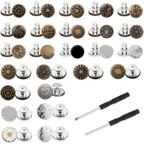 25 set Button Pins for Jeans with 2 Screwdrivers, CNYMANY 0.78in No-Sew Removable Metal Jeans Button Replacement Thread Rivet Button Repair Combo for Loose Jeans