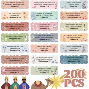Whaline 200Pcs Bible Verse Stickers Scripture Inspirational Paper Decals Christian Motivational Self-Adhesive Scalloped Stickers for Envelope Scrapbook Bottle Present Tags Decor, 10 Sheets
