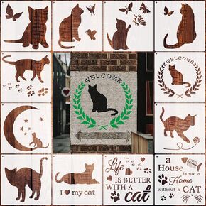 12 Pcs Cat Stencils, Reusable Stencils Cat Theme Painting Templates Stencils for Painting on Wood Wall Home Decor, 7.9 x 7.9 Inch