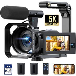 5K Dual Lens Video Camera, 56MP WiFi 16X Digital Zoom 3" 270° Rotatable Touch Screen Camcorder YouTube Vlogging Video Camera Recorder with 64GB SD Card, Microphone, Remote Control,Tripod in Kuwait