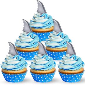Blulu 36 PCS Shark Fin Fin Cupcake Toppers Shark Fin Cake Toppers تختار للحيوانات المحيطية موضوع عائلة استحمام الطفل زخارف العطلات الصيفية