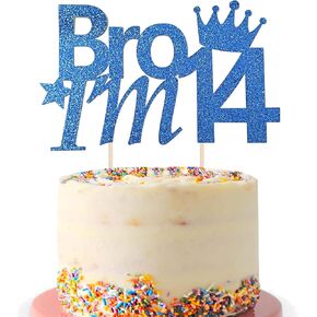 Bro I'm 14 Birthday Cake Topper for Boys, Blue Happy 14th Cake Decor, 14 Years Old Cake Picks Hello 14th Brother Birthday Party Supplies for Him Sons (Gold)