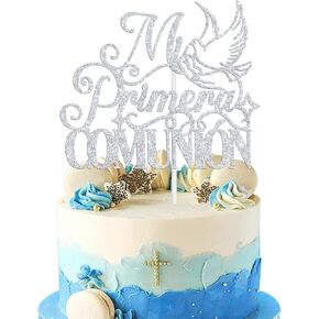 Mi Primera Comunion Cake Topper ، الإسبانية الأولى بالتواصل المقدس ، ديكور المعمودية ، دخول الطفل الديني/دش الزفاف/زواج حفلات الزفاف ، بريق فضية
