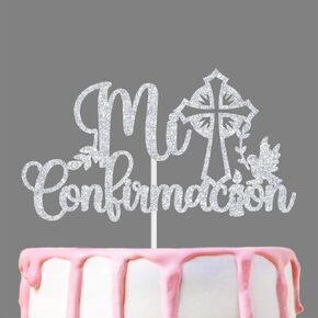 Mi Confirmacion Cake Topper, First Holy Communion,God Bless, Christian Baptism Day, Bridal Shower/Wedding/Baptism/Christening Baby Shower Party Decorations, Silver Glitter