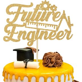 Future Engineer Cake Topper - Congrats Engineer/Look at You Becoming an Engineer Graduation Cake Decor - Class of 2025 College Engineering Graduate Party Decoration Supplies, Gold Glitter