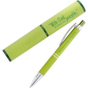Christian Art Gifts - All Things Are Possible Green Stylish Classic Pen in Matching Gift Case - Matthew 19:26 Bible Verse Refillable Retractable Medium Ballpoint Pen for Journal Planner, Writing Note