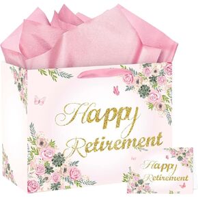 SUNDECO Pink Floral Retirement Gift Bag for Women Large Happy Retirement Gift Bag with Tissue Greeting Card & Wrapping Paper for Office Coworker Farewell Going Away Party Decorations Supplies