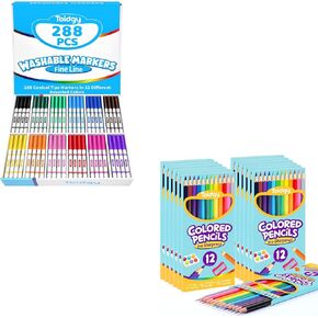 288 PCS علامات قابلة للغسل للأطفال و 12 حزمة أقل من أقلام الرصاص ، والعودة إلى اللوازم المدرسية للمعلمين والطلاب