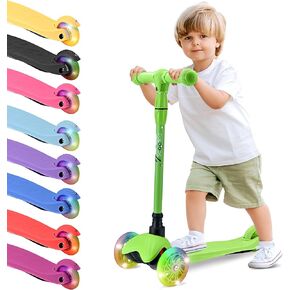 Hurtle Mini Kickboard Scooter for Kids – Height Adjustable 25-28 Inches, 3-Wheel Toddler Micro Scooter with LED Light-up Wheels, Lightweight Riding Toy, Non-Slip, Indoor/Outdoor Fun, Ages 2-5 (Green)