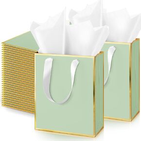 Yeaqee 50 Pack Metallic Gift Bags with Handle and Tissue Paper for Wedding Graduation Holiday Bridesmaid Thank You 5 Senses Gift Bag for Her Him Birthday 9 x 7 x 3.15''(White and Gold)