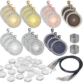 25MM Rhinestone Bezel Pendant Trays, Round Rhinestone Bezel Cabochon Trays with Clear Glass Cabochons, Keychain and Black Wax Rope for DIY Jewelry Crafts Making (62PCS)
