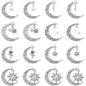 PANDAHALL 28PCS على الطراز التبتي على الطراز الجوفاء القمر مع Star Sun Rose Rose Sploy Charms Silver Silver Filgree Crescent Moon Metal Pendants for Necklace Bracelet DIY Making Making