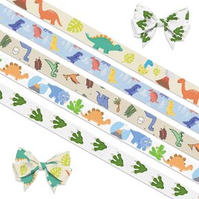 5 PCS Birthday Dinosaurs Ribbons for Crafting, 3/8" Width Grosgrain Ribbons Cartoon Animal World Craft Ribbons for Gift Wrapping Baby Shower Decorations