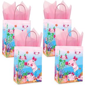INCOK 16 Pcs Axolotl Birthday Gifts Bags - Axolotls Party Favors Decorations with Wrap Paper, Pink Candy Goodie Bags for Kids Birthday Baby Shower Party Supplies