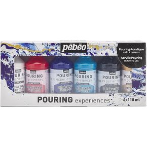 Pébéo Acrylic Pouring Paint Starter Kit - Art and Painting Supplies, Ready-To-Pour Fluid Medium, 118 Milliliter Bottles, Set of 6 Assorted Colors