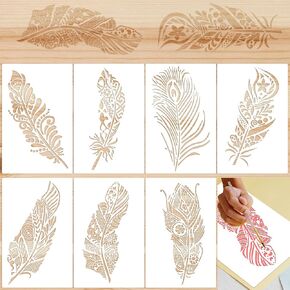 Pagow 7pcs Mandala Feather Stencill ، استنشاق رسم للحيوانات الأليفة القابلة لإعادة الاستخدام ، قوالب الطلاء الفنية للطلاء على الخشب ، DIY للجدر
